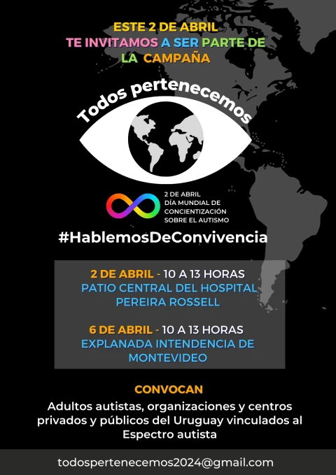 Afiche Todos pertenecemos, con un ojo que contiene el mundo y las convocatorias del 2 y 6 de abril.